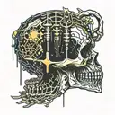 Decrepit burnt black copper Skeleton, Skull , spine , and ribs dripping in blood and melting all over. mushrooms tattoo design idea