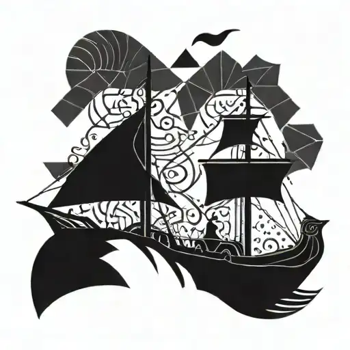 Viking longship sailing through geometric patterns tattoo design idea