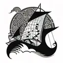 Viking longship sailing through geometric patterns tattoo design idea