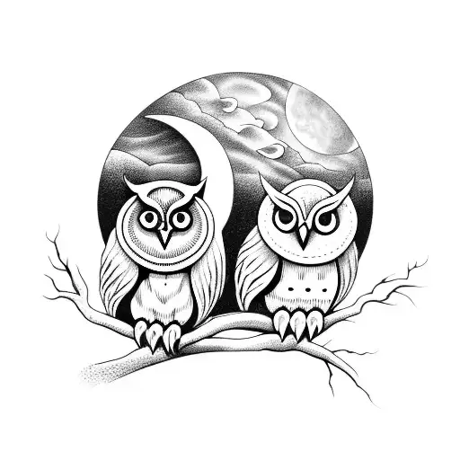 two owls sitting on crescent moon that turns into a wave tattoo design idea