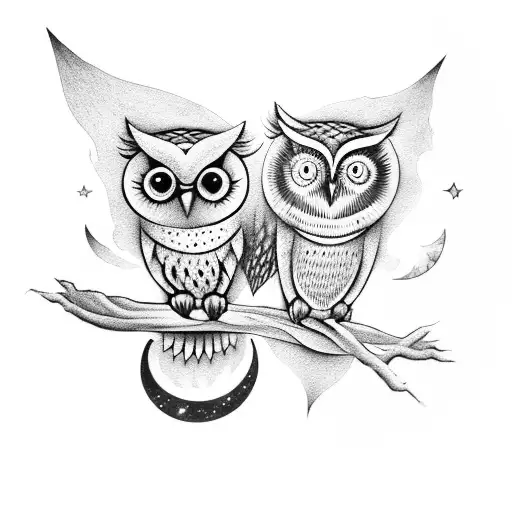 two owls sitting on crescent moon that turns into a wave tattoo design idea