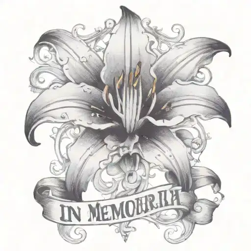 a mourning lily, its petals cascading down to form a delicate, gothic font that spelled out the words "In Memoriam" tattoo design idea