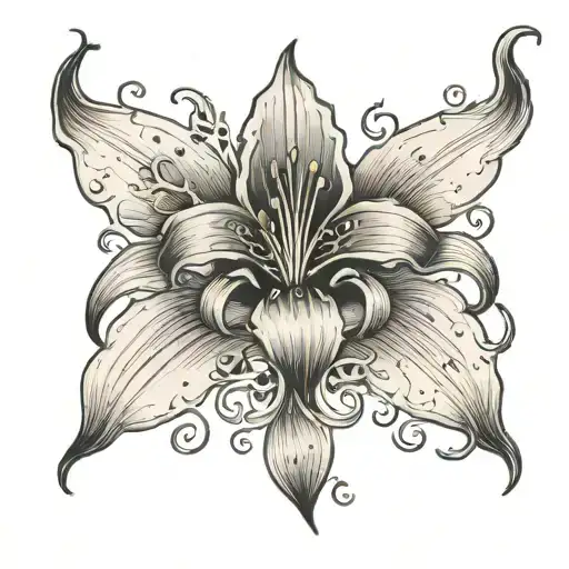 a mourning lily, its petals cascading down to form a delicate, gothic font that spelled out the words "In Memoriam" tattoo design idea