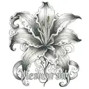 a mourning lily, its petals cascading down to form a delicate, gothic font that spelled out the words "In Memoriam" tattoo design idea