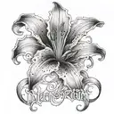 a mourning lily, its petals cascading down to form a delicate, gothic font that spelled out the words "In Memoriam" tattoo design idea