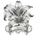 a mourning lily, its petals cascading down to form a delicate, gothic font that spelled out the words "In Memoriam" tattoo design idea