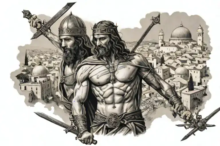 Destroyed Jerusalem in the background, foreground warrior with sword and crucifixion of Jesus tattoo design idea