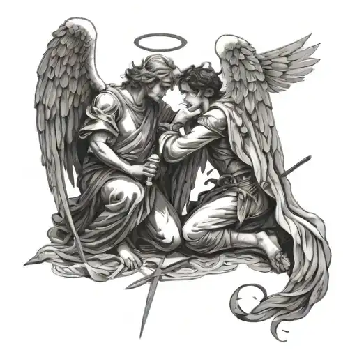 Two male suluets, one is represented as an angel who looks at the other, who kneels in front of him and takes a sword fr tattoo design idea