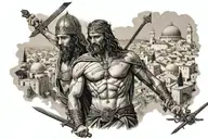 Destroyed Jerusalem in the background, foreground warrior with sword and crucifixion of Jesus tattoo design idea