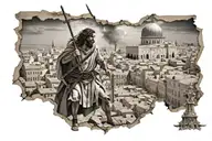 Destroyed Jerusalem in the background, foreground warrior with sword and crucifixion of Jesus tattoo design idea