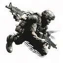 a special forces soldier stands with his weapon pointed upward, and “Storm” is written on the chevron tattoo design idea