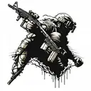 a special forces soldier stands with his weapon pointed upward, and “Storm” is written on the chevron tattoo design idea