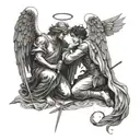 Two male suluets, one is represented as an angel who looks at the other, who kneels in front of him and takes a sword fr tattoo design idea