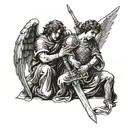 Two male suluets, one is represented as an angel who looks at the other, who kneels in front of him and takes a sword fr tattoo design idea