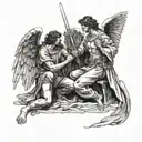 Two male suluets, one is represented as an angel who looks at the other, who kneels in front of him and takes a sword fr tattoo design idea