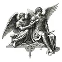 Two male suluets, one is represented as an angel who looks at the other, who kneels in front of him and takes a sword fr tattoo design idea