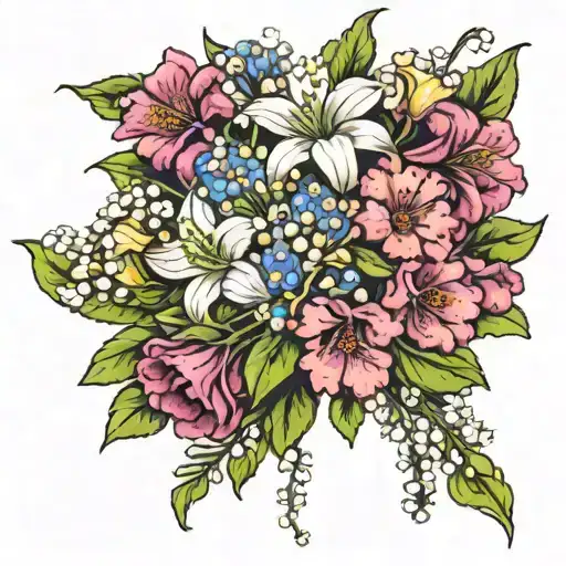bouquet of daisy lily of the valley carnation violet violet  tattoo design idea