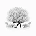 A farmer practicing yoga surrounded by olive trees in a black-grey style tattoo design idea