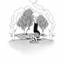 A farmer practicing yoga surrounded by olive trees in a black-grey style tattoo design idea