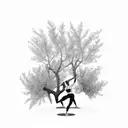 A farmer practicing yoga surrounded by olive trees in a black-grey style tattoo design idea