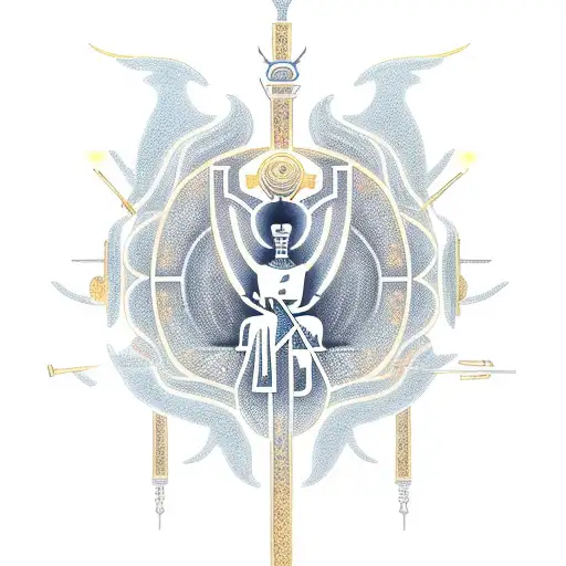 God Ra sitting on a throne with a rod that illuminates rays of hope. Behind you can see a dark landscape where the god A tattoo design idea