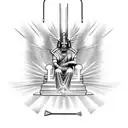 God Ra sitting on a throne with a rod that illuminates rays of hope. Behind you can see a dark landscape where the god A tattoo design idea