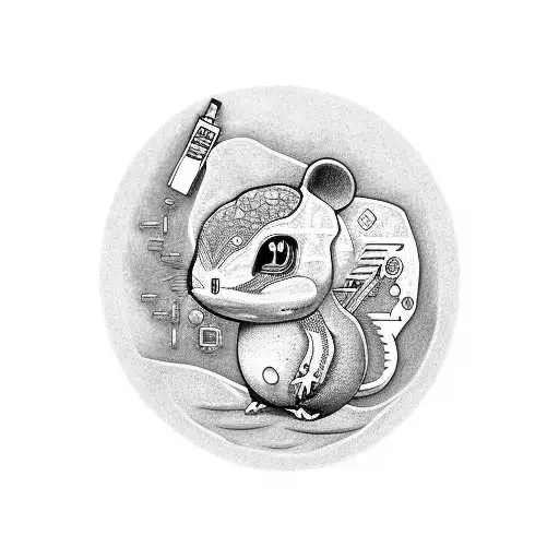 A dotwork tattoo of a computer mouse surrounded by fossilized Pokemon bones tattoo design idea