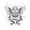 on top (lamb + crow) & in the middle (rabbit + phoenix) & below (owl + turtle) tattoo design idea