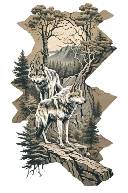 2 wolfes walking in the forrest on a pathway overlapped by a 3d cliff with a standing wolf tattoo design idea
