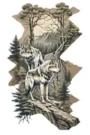 2 wolfes walking in the forrest on a pathway overlapped by a 3d cliff with a standing wolf tattoo design idea
