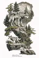 2 wolfes walking in the forrest on a pathway overlapped by a 3d cliff with a standing wolf tattoo design idea