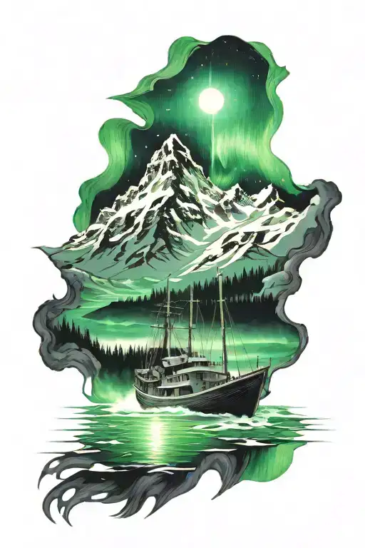 1 boat and northern lights shining. Without frame tattoo design idea
