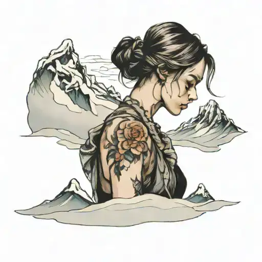 girl overlooking ocean and mountains in snow, she is sad and overlooking away from the foreground tattoo design idea