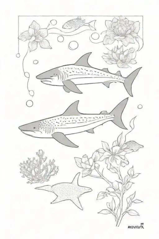 whale shark, flowers and shells nearby and corals tattoo design idea