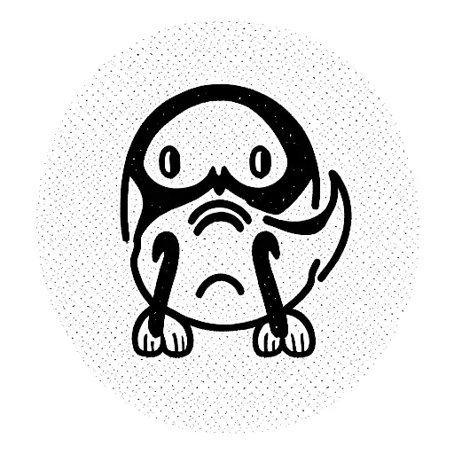a small, minimalist illustration of a grumpy creature with a round body, sharp teeth, and furrowed eyebrows. tattoo design idea
