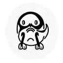 a small, minimalist illustration of a grumpy creature with a round body, sharp teeth, and furrowed eyebrows. tattoo design idea