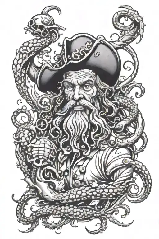 davey jones with sea life intertwined tattoo design idea