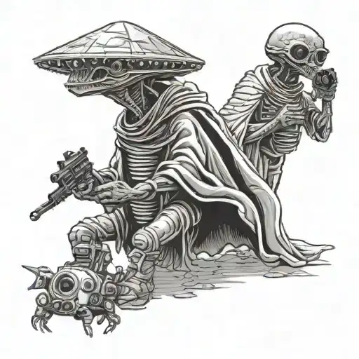 two aliens having a Mexican stand off with ray guns wearing ponchos tattoo design idea