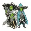 two aliens having a Mexican stand off with ray guns wearing ponchos  tattoo design idea