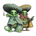 two aliens having a Mexican stand off with ray guns wearing ponchos  tattoo design idea