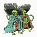 two aliens having a Mexican stand off with ray guns wearing ponchos  tattoo design idea