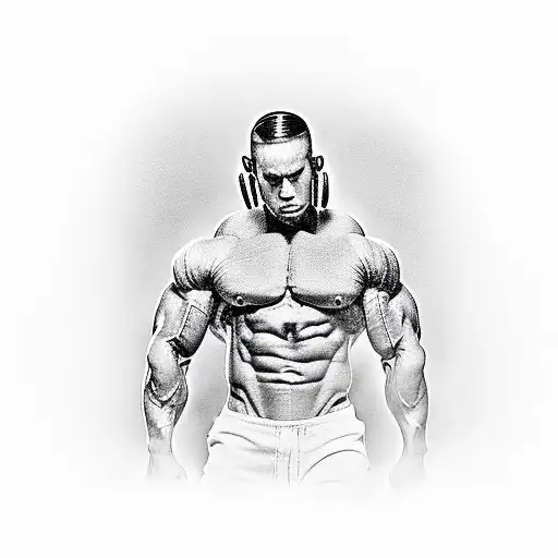 A muscular bodybuilder flexing their bicep with a microphone in hand, portraying Eminem's intense stage presence. tattoo design idea