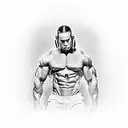 A muscular bodybuilder flexing their bicep with a microphone in hand, portraying Eminem's intense stage presence. tattoo design idea