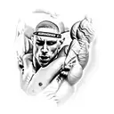 A muscular bodybuilder flexing their bicep with a microphone in hand, portraying Eminem's intense stage presence. tattoo design idea