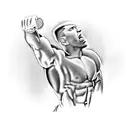 A muscular bodybuilder flexing their bicep with a microphone in hand, portraying Eminem's intense stage presence. tattoo design idea