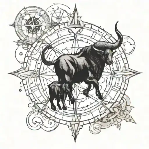 aries and taurus zodiac signs combined with a compass tattoo design idea