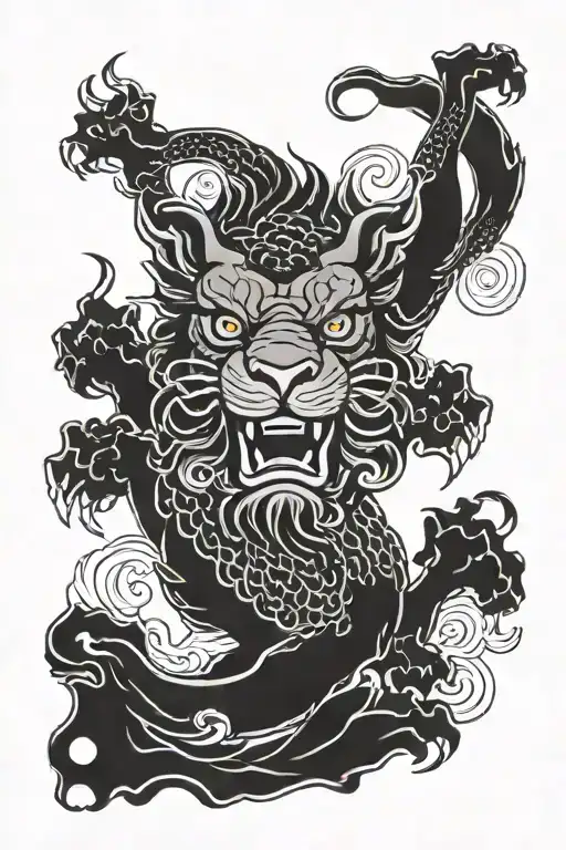 wise lion dragon vertical 9:16 tattoo design idea