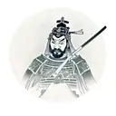 A samurai stands with his head bowed in a posture that conveys confidence and an awareness of his physical superiority.  tattoo design idea