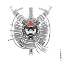 A samurai stands with his head bowed in a posture that conveys confidence and an awareness of his physical superiority.  tattoo design idea