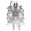 A samurai stands with his head bowed in a posture that conveys confidence and an awareness of his physical superiority.  tattoo design idea